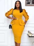 Yellow O-Neck 3/4 Sleeve Ruffles Bodycon Office Dress with Belt