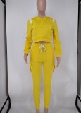 Yellow Zipper Long Sleeve Hoody Top and Sweatpants with Pocket 2PCS Set