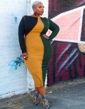 Plus Size Contrast Color O-Neck Long Sleeves Slim Fit Midi Dress