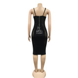 Black Lace Upper Sequins Patch Underwear Cami Midi Dress
