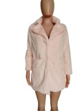 Pink Fleece Turndown Collar Long Sleeve Overcoat with Pocket