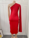 Red Silk Oblique Shoulder Cape Sleeve Bodycon Midi Dress