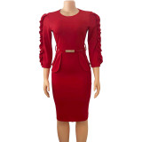 Red O-Neck 3/4 Sleeve Ruffles Bodycon Office Dress with Belt