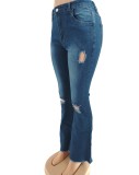 Plus Size Dk-Blue High Waist Ripped Tight Jeans with Pocket
