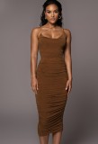 Brown One Shoulder Cami Bobysuit and Ruched Long Dress 2PCS Set