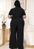 Plus Size Black High Neck Short Sleeve Long Top And Wide Pant 2PCS Set
