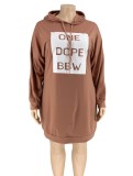 Plus Size Letter Print Brown Long Sleeve Hoody Mini Sweatshirt Dress