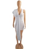 White Deep-V Single Sleeve Shirring Mini Dress