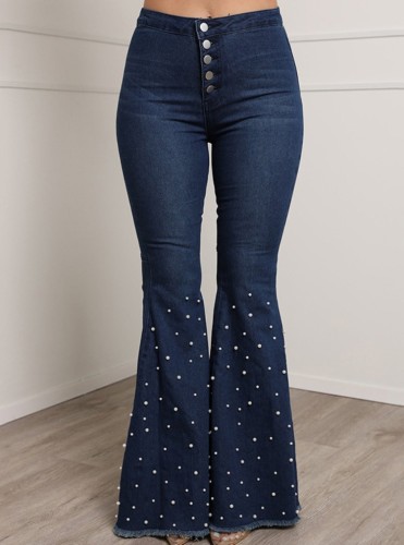 Pearl Dk-Blue High Wasit Button Up Bell Bottom Jeans