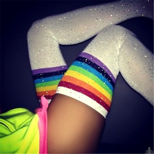 White Over-knee Beaded Rainbow Striped Cotton Elasticated Long Socks