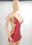 Red Pu Coating Sleeveless Backless Lace Up Cami Mini Dress and G-String 2PCS Set