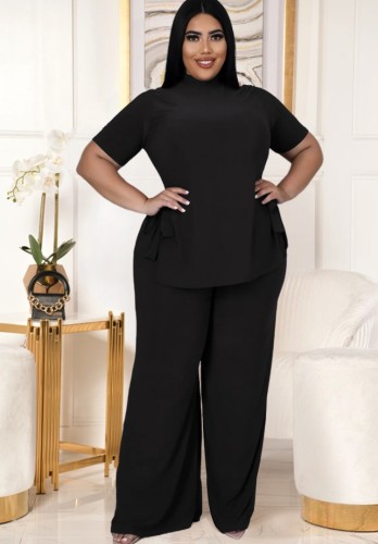 Plus Size Black High Neck Short Sleeve Long Top And Wide Pant 2PCS Set