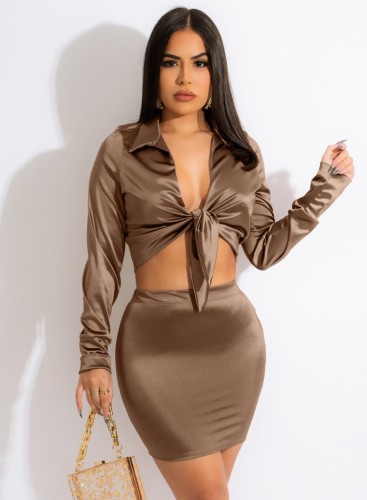 Brown Silk Turndown Collar Knotted Long Sleeve Crop Top and Mini Skirt 2PCS Set