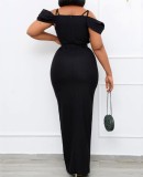 Black Cami Sweetheart Collar Short Sleeve Maxi Dress