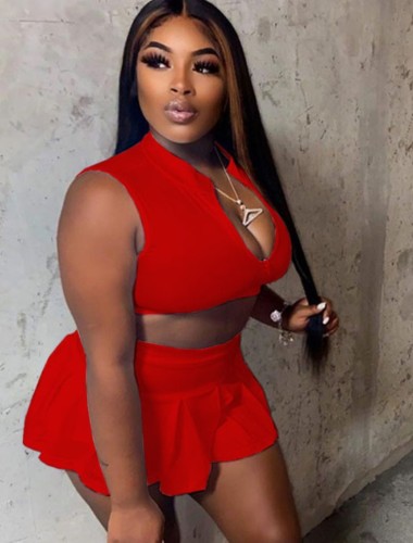 Red Zip Up Midi Neck Sleeveless Crop Top and A-Line Skirt 2PCS Set