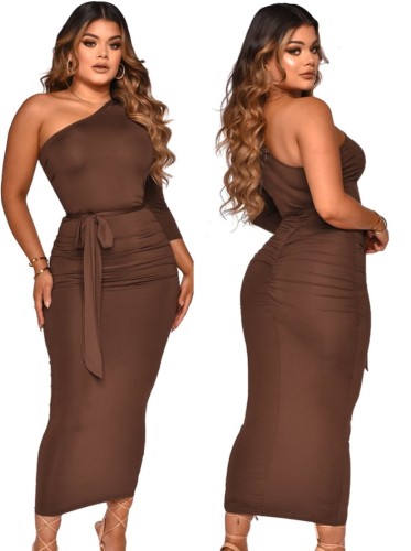 Brown One Shoulder Single Sleeve Scrunch Long Dress with Belt