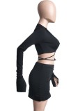 Black V-Neck Flare Sleeve Crop Top and Irregular Mini Skirt 2PCS Set