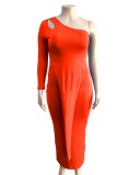 Plus Size Orange One Shoulder Single Sleeve Slit Maxi Dress