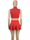 Red Zip Up Midi Neck Sleeveless Crop Top and A-Line Skirt 2PCS Set