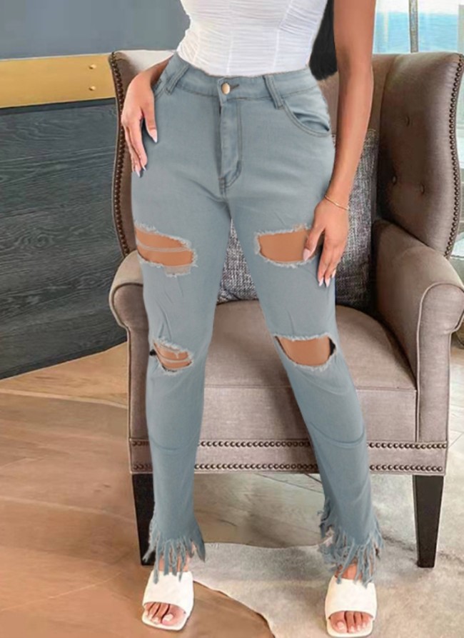 Plus Size Lt-Grey High Waist Ripped Fringe Tight Jeans with Pocket