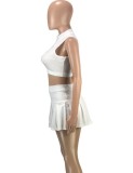 White Zip Up Midi Neck Sleeveless Crop Top and A-Line Skirt 2PCS Set