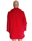 Red Fleece Turndown Collar Long Sleeve Overcoat with Pocket