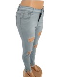 Plus Size Lt-Grey High Waist Ripped Fringe Tight Jeans with Pocket