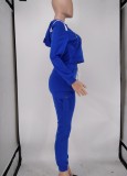 Blue Zipper Long Sleeve Hoody Top and Sweatpants with Pocket 2PCS Set