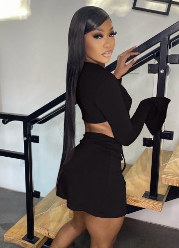 Black V-Neck Flare Sleeve Crop Top and Irregular Mini Skirt 2PCS Set