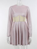 Shiny Grey O-Neck Long Sleeve Tight Waist Mini Shirring Dress