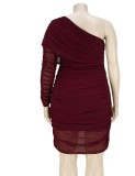 Plus Size Red Mesh See Through One Shoulder Single Sleeve Midi Dress
