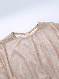 Shiny Grey O-Neck Long Sleeve Tight Waist Mini Shirring Dress