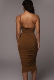 Brown One Shoulder Cami Bobysuit and Ruched Long Dress 2PCS Set