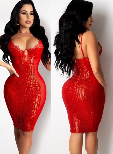 Red Lace Upper Sequins Patch Underwear Cami Midi Dress