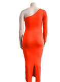 Plus Size Orange One Shoulder Single Sleeve Slit Maxi Dress