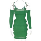 Green Kintted Cami Long Sleeve Hollow Out Mini Dress