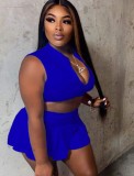 Blue Zip Up Midi Neck Sleeveless Crop Top and A-Line Skirt 2PCS Set