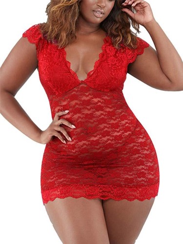 Plus Size Red Lace V-Neck Transparent Fitted Mini Nightdress