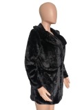 Black Fleece Turndown Collar Long Sleeve Overcoat with Pocket