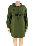 Plus Size Letter Print Green Long Sleeve Hoody Mini Sweatshirt Dress