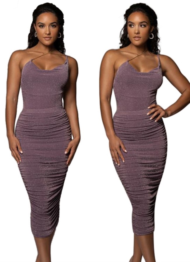 Purple One Shoulder Cami Bobysuit and Ruched Long Dress 2PCS Set