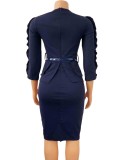 Blue O-Neck 3/4 Sleeve Ruffles Bodycon Office Dress with Belt