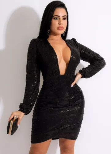 Black Sequins Plunge Neck Long Sleeve Skinny Mini Dress