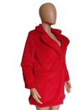 Red Fleece Turndown Collar Long Sleeve Overcoat with Pocket