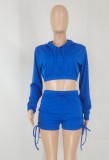 Blue Long Sleeve Drawstring Hoody Crop Top and Lace Up Shorts 2PCS Set