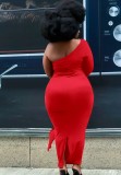 Plus Size Red One Shoulder Single Sleeve Slit Maxi Dress