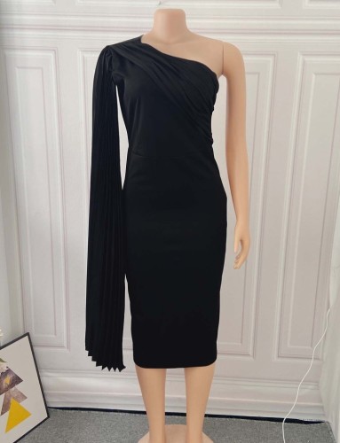 Black Silk Oblique Shoulder Cape Sleeve Bodycon Midi Dress