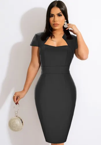 Black Square Neck Short Sleeves Bodycon Midi Dress