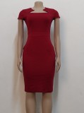 Red Square Neck Short Sleeves Bodycon Midi Dress
