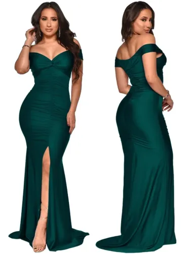 Green Sweetheart Short Sleeve Ruched Slit Maxi Dress